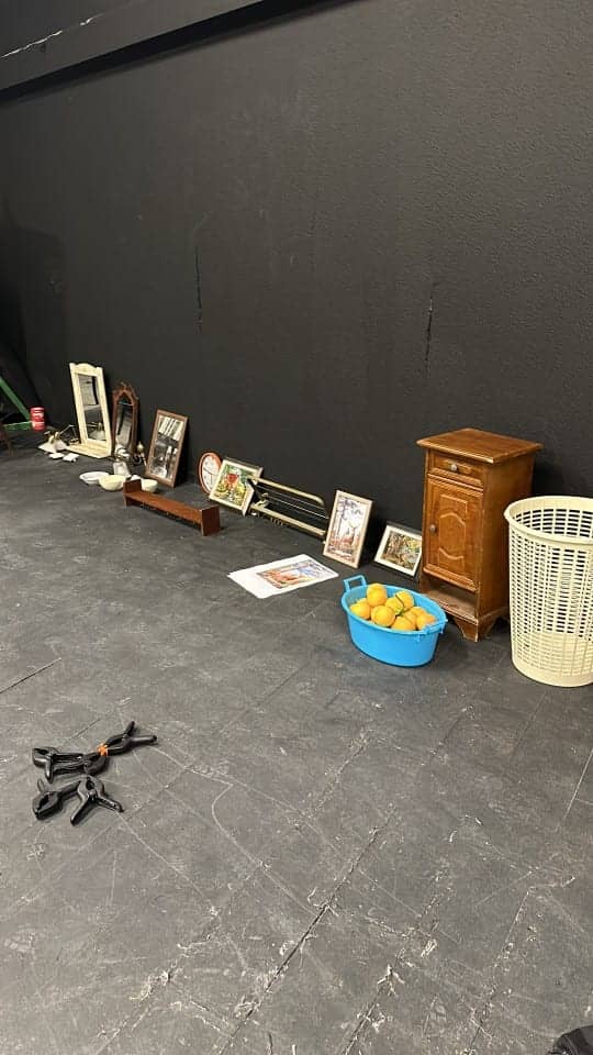 Props laid out before dressing the set.